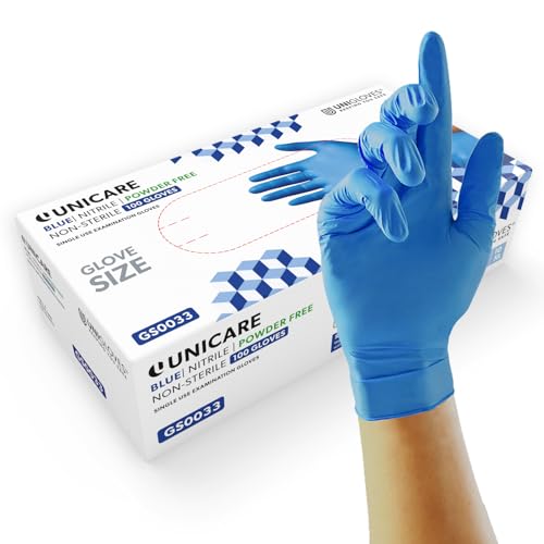 UNIGLOVES Guantes desechables de nitrilo Unicare para exploración - Guantes médicos multiuso sin polvo - Caja de 100 guantes, color azul, talla extra pequeña (GS0031)
