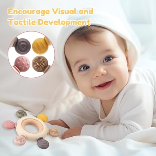 Image of Novo Baby Baby Teether 0-6 Months - Soft Silicone & Wood Toy for Infants | BPA-Free Teething Relief for 3-12 Month Age Group | 3 to 6 Month Baby Toys | Gift for Newborns & Toddlers - Beige
