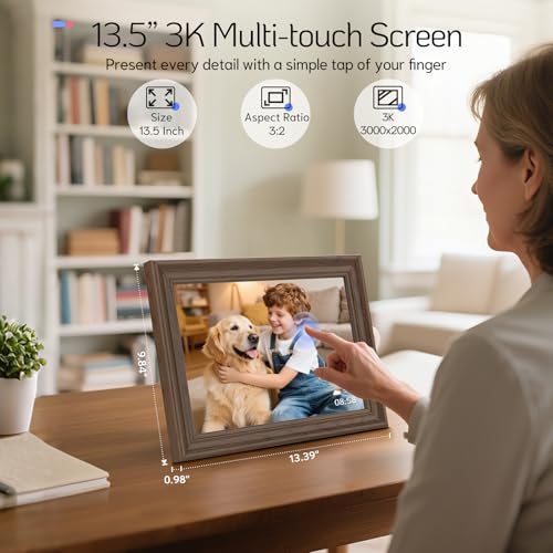 Image of NexFoto 3K Digital Picture Frame 13.5 inch Touchscreen, WiFi Electronic Photo Frame 64GB, Add Pics from Google Photos, Share Photos /Videos via App /USB, Gifts for Mom /Grandparents /Birthday, Walnut