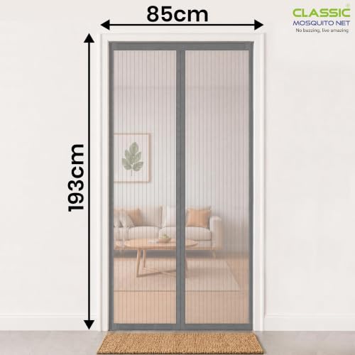 Image of Classic Mosquito Net Magnetic for Doors | Tear-Resistant Polyester Mesh | Auto-Closing Screen Door for Balcony & Kitchen | Easy DIY Installation | All Insect Protection (193 x 85 cm, Grey)