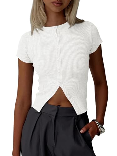 Image of Imily Bela Womens Short Sleeve Sweater Tops Summer Button Down Casual Ribbed Knit Slim Fit Cropped Cardigan Shirts