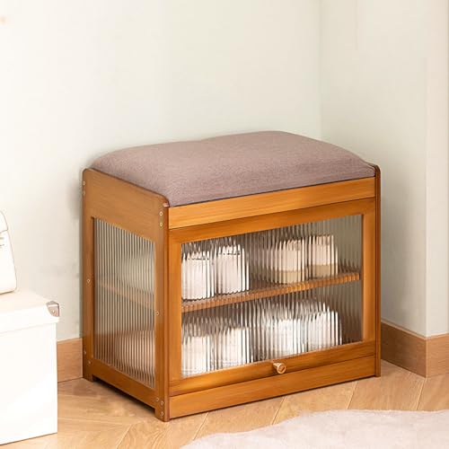 JIPOFAN Banco Zapatero de bambú con Puerta abatible de Cristal, Banco tapizado para Zapatos de Entrada, Taburete Cambiador con 2 estantes, Zapatero para Entrada y Dormitorio.