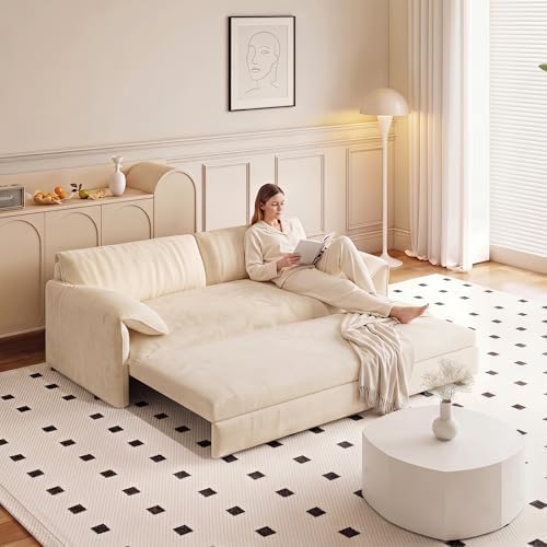 Trygoal 66" Convertible Pull Out Velvet Sofa Bed with Side Pockets, Beige image 2