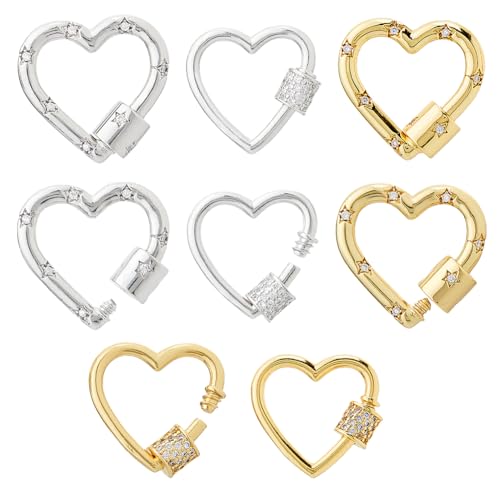 Hobbspring 8Pcs Brass Screw Carabiner Lock Charms 2 Colors Heart Lock Clasps Micro Pave Cubic Zirconia Carabiner Lock for Keychain Clip Hook Necklace Jewelry Making