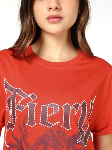 Image of Bewakoof Women's Graphic Print Boyfriend Fit Half Sleeve Round Neck Pure Cotton T-Shirt 694320 Red XL
