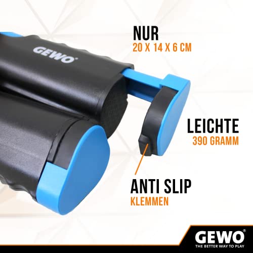 GEWO Table Tennis Net FleXX - Tischtennisnetz für Jeden Tisch - Einstellbare Anti Slip Klemmen für das Tischtennis Netz to Go - bis zu 2m Ausziehbar bei Plattenstärken bis 5cm, Netzhöhe 15,25cm