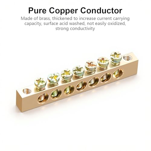 Image of Serplex 2-Pack 30A Ground Bus Bar Terminal Blocks, Brass Electrical Grounding Bar with Screw Terminals & Insulating Plastic Base for Panels, Automotive & Industrial Wiring, 8x1.3x2.2cm