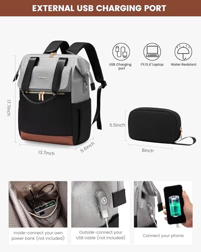 Image of LOVEVOOK Laptop Backpack for Women, 15.6 Inch Work Laptop Bag with USB Port, Fashion Teacher Nurse Backpack Purse, Waterproof Travel Computer Backpack with Organizer Bag, 2PCS, Grey-Black