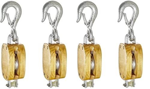 Indusco C0616900076 4 Single Wood Manila Rope Block with Hook, 1000 lbs Load Capacity, 1/2 Rope, 2-1/4 Sheave (4)