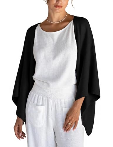 Bankeng Women's Linen Cardigan 3/4 Sleeve Open Front Loose Cover Ups Lightweight Shrug(Black,L)