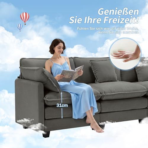 Urhanherry Sofa U Form, Bequeme Cloud Couch 6 Sitzer mit 2 Ottomane Sektionssofa, Atmungsaktivem Chenille-Stoff, Couch für Wohnzimmer Schlafzimmer, Dunkelgrau – Bild 4