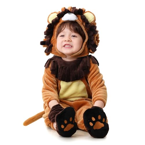 KUKIKUKI Disfraz de Halloween para bebé, león, disfraz para niños pequeños, de vaca, cosplay, juego de pelele de peluche con guantes, zapatos, gorro para la cabeza, fiesta de vestir (león, 2-3 años)