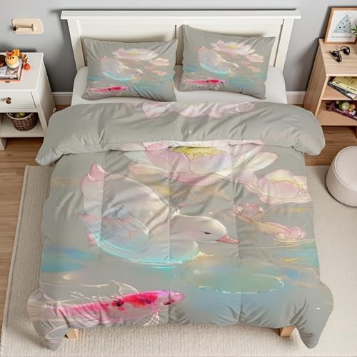 Housse de Couette 200x200 Canard Parure de Lit Carpe 3 Pièces avec Fermeture
