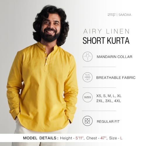 Image of SAADAA Men's Short Kurta - Linen Cotton Blend, Airy Fabric, Regular Fit, Mandarin Collar, Solid Color - Casual, Festive & Ethnic Wear