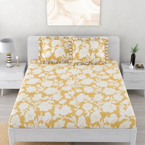 Image of King Size Fitted Bedsheet for Double Bed | 300 TC Cotton Feel Microfiber | All Around Elastic with 2 Frill Pillow Covers | Soft & Durable | (YellowFrill, Fitted - Double72x72)