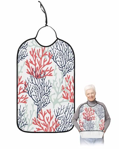 LEOKOTI Red Navy Blue Coral Coastal Adult Bibs for Eating, Waterproof Bibs with Food Catcher & Snap Closure, Summer Beach Seaside Nautical Washable Clothing Protectors Adult Bibs for Elderly