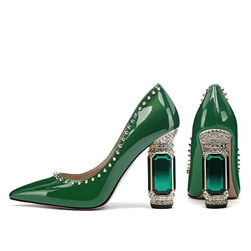 JANSEVEN Women Chunky Heels Pumps Crystal Block Heels with Rhinestones Rivet Pointed Toe Sexy Gradient Patent Leather Slip on Bridal Party Wedding Dress Shoes 5-13 M US3