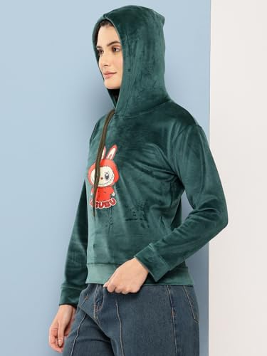 Image of Aarika Womens Winter Wear Green Colour Printed Velvet Hoodie