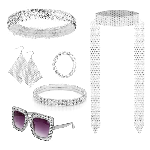 ZHXGO 6 Pieces 1970s Disco Accessories Silver Disco Costume Set with Sunglasses Long Scarf Earrings Bracelet Ring Headband Fancy Dress Kit for Dress Up Party