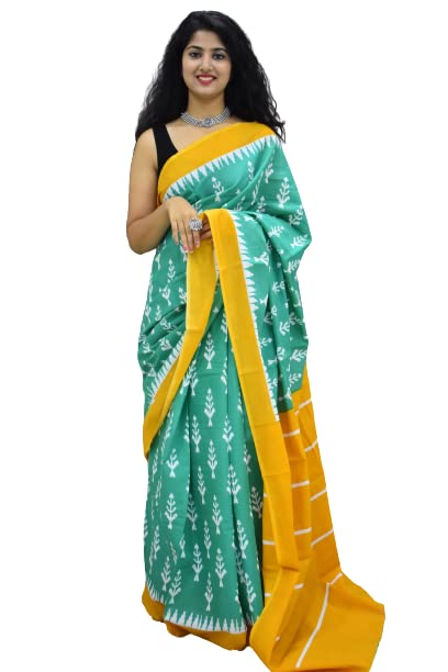 Handicrafts Women's Ikat Hand Block Print Jaipuri Cotton Mulmul Saree with Blouse Piece-image-49
