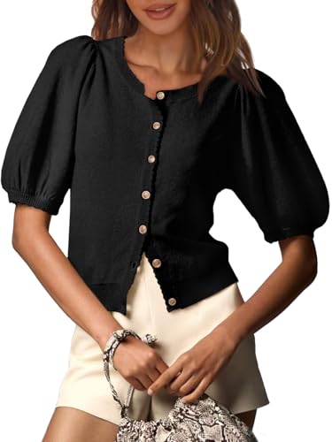 Saodimallsu Womens Puff Short Sleeve Cardigan Lightweight Summer Button Down Shirts Knit Crew Neck...