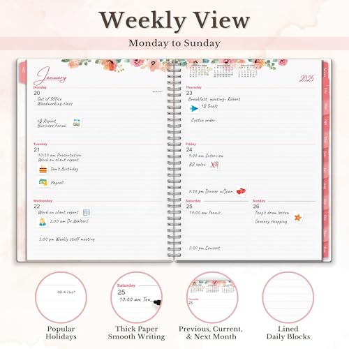 CRANBURY 2025 Planner Book 8.5x11 (Floral), Use to Dec 2025, Large Weekly Daily Planner, Calendar Notebook, 8x11 Desktop Agenda with Laminated Monthly Tabs, Bookmark, Stickers - Thumbnail 2