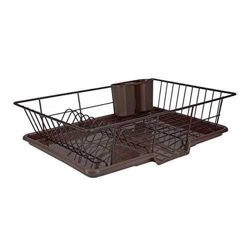 Home Basics 3 Piece Vinyl Coated Steel Dish Drainer with Drip Tray, Brown