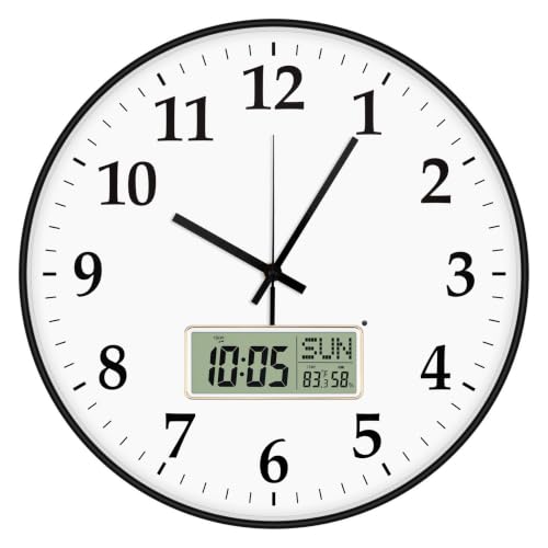 Image of Foxtop 14 inch Digital and Analog Wall Clock Silent Battery Operated Hour Chime