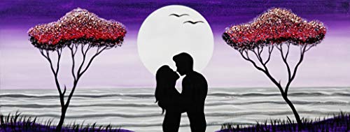 Cuadro Pintado Pareja Romántica 130x50 cm en Tonos Lila, con Piedras Brillantes....