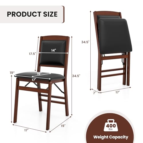 Image of COSTWAY Folding Dining Chairs Set of 2, Wooden Kitchen Side Chairs w /Padded Seat, Solid Wood Frame, 400 LBS Load Bearing, No Assembly Needed, Vintage Foldable Chairs for Dining Room, Living Room