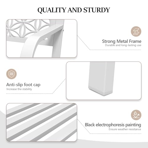 Image of VINGLI 50 inch Outdoor Bench Metal with Floral Back, Garden Bench Front Porch Bench for Yard Patio Entryway Park Outside, 800lb Capacity - White