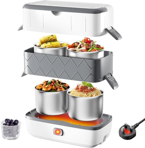 Angju Portable Self Cooking Electric Lunch Box 2L Mini Rice Cooker 2 Layers 4 Stainless Steel Steamer Food Insulation Lunch Box for Home Office Dormitory Travel Outdoor Kitchen Cook Raw Food