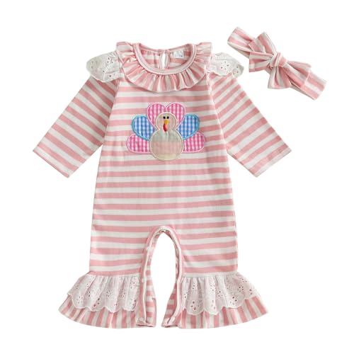 Baby Girl Thanksgiving Clothes Long Sleeve Ruffled Rugby/Turkey Embroidery Striped Jumpsuit with Headband Set 2Pcs