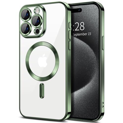 Coque iPhone 15 Pro verte transparente compatible MagSafe avec protection objectif