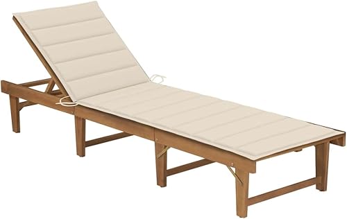 vidaXL Silla de patio, tumbona para exteriores con ajustable y cojín, tumbona plegable, estilo retro, madera de acacia maciza