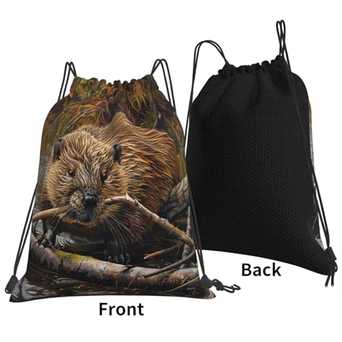 beaver working print casual drawstring backpack Gym Bag Sports, fitness, yoga, travel backpack Men Women, White3