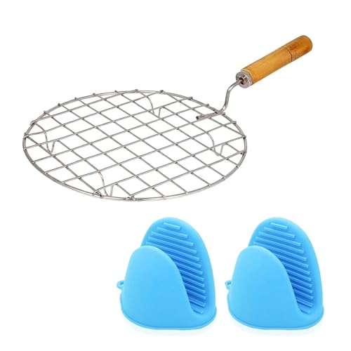 Image of Sulfar Cooking Essentials Combo | Includes Wire Round Roaster with Wooden Handle and Silicone Mini Oven Gloves | Heat Resistant, Durable, Perfect for Kitchen Use