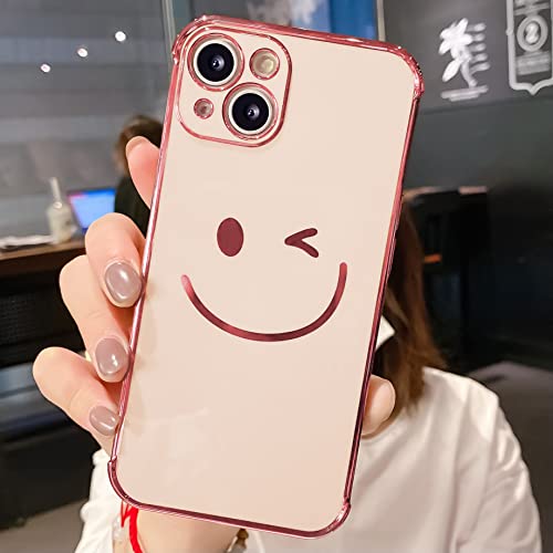 Facweek Compatible With Iphone 13 Case For Women Girls, Fancy Happy Wink Face Gold Electroplated Cell Phone Case, Camera Protection Anti-Shock Anti-Fall Silicone Cover Case 6.1 Inch - Pink #TOP3