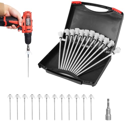 8' Screw in Tent Stakes - 12 Pack Heavy Duty Glow in The Dark Ground Anchors for Camping, Canopy, Awning and Outdoor Use Tent Pegs - Durable Metal Tent Spikes with Hex Head Driver & Storage Box
