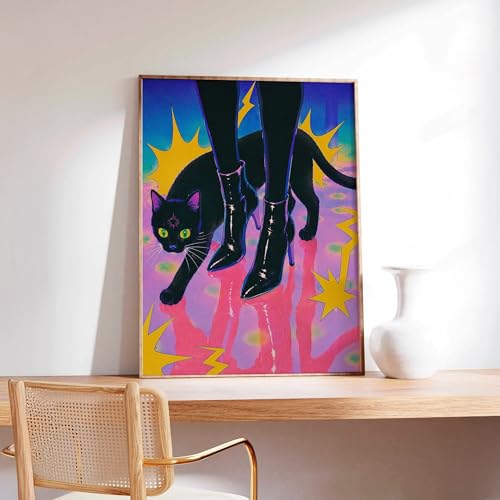 Black Cat Retro Poster Unframed, Neon Witchy Wall Art Print, Vaporwave Cat Illustration, Psychedelic Gothic 80s Pop Art