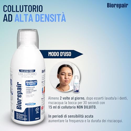 Biorepair, Collutorio Ad Alta Densità Sensibilità e Placca, Contrasta Ipersensibilità Dentinale, Antibatterico - Anticarie, Con MicroRepair e Zinco PCA, Senza Clorexidina, Fluoro e Alcool, 500ml