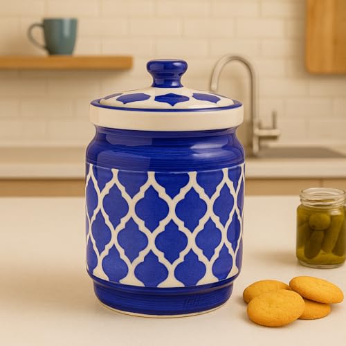 Image of Ceramic Jars (1000 ML) - Handcrafted Multipurpose Barni with Lid for Pickle, Chutney, Spices, Salt, Sugar - Kitchen Storage Containers, Blue