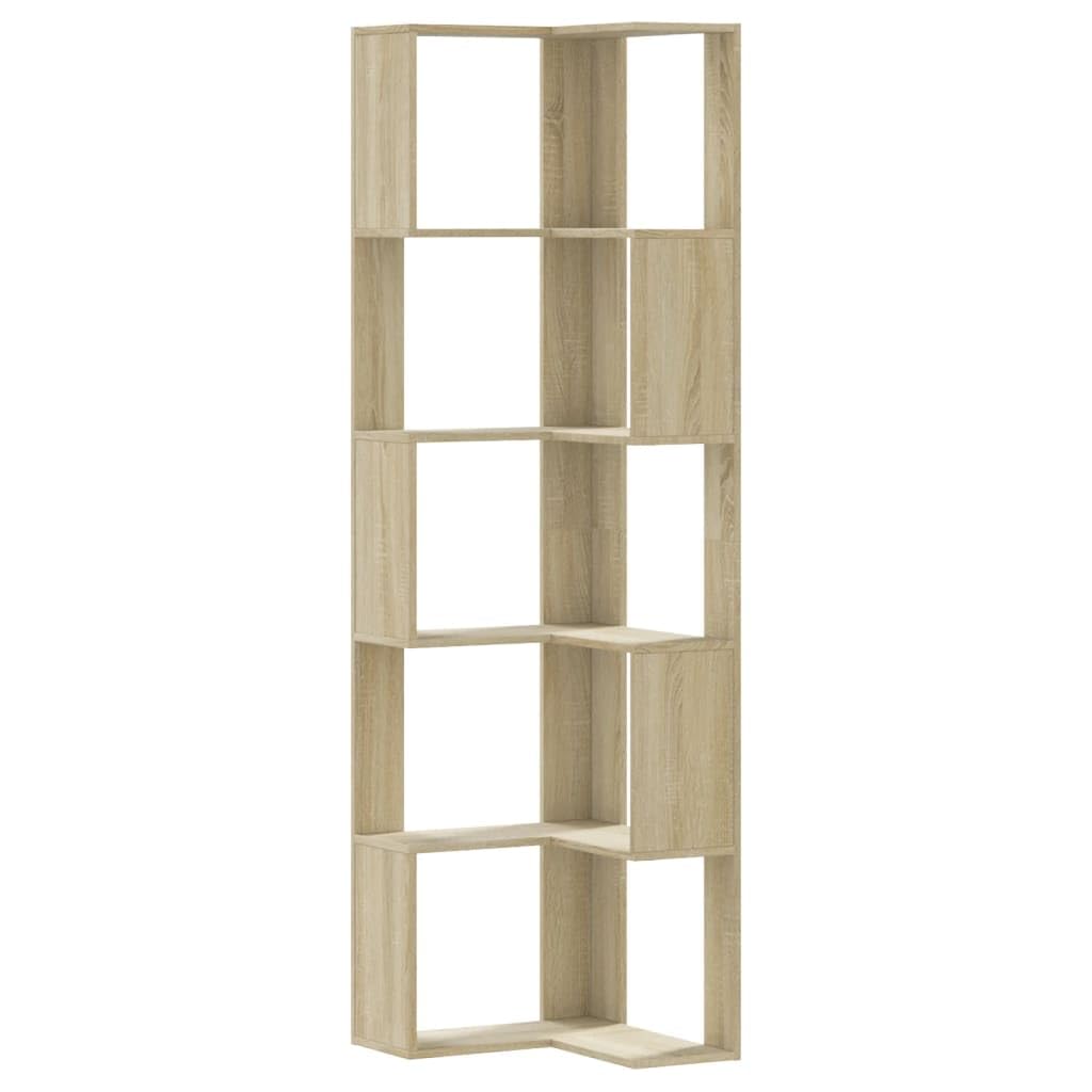 Narożny regał na książki, 5 półek, dąb sonoma, dekoracyjny regał biurowy do hotelu, 50 x 50 x 179 cm, materiał drewnopochodny