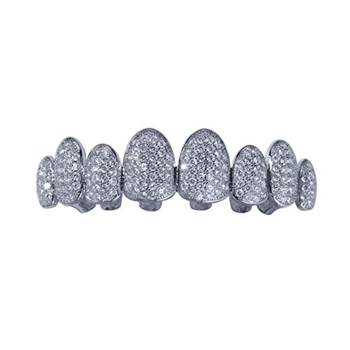 18K Gold Plated Iced Out AAA Zircon Micro Pave Teeth Grills Caps Top & Bottom Grills Set Hiphop Men Women Fashion Jewelry (Silver Top)