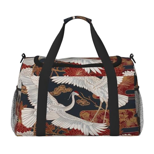Japan Cranes Chrysanthemums Printed Travel Duffle Bag for Men Women Large Sport Gym Bag Handbag with Shoulder Strap for Travel Weekend Fishing Hunting