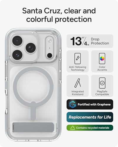 Image of ZAGG Santa Cruz Snap Case with Kickstand for iPhone 17 Pro - Silver, Drop Protection (13ft /4m), MagSafe Charging Compatible, ClearGuard Anti-Yellowing Technology, Scratch Resistant Phone Case