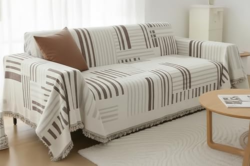 Image of The Furnishing Tree Reversible Double Sided Chenille Throw Sofa Cover, Anti-Slip Couch Cover, Comfy Sofa Towel for All Seasons, 3 Seater, Minimalist and Geometric Pattern Light Brown