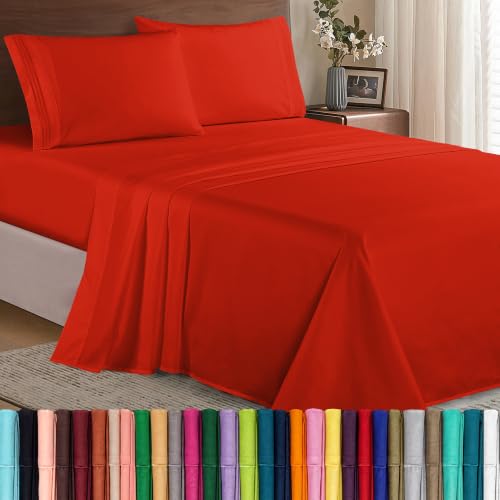 Image of Elegant Comfort Luxury Soft 1500 Premier Egyptian 4-Piece Premium Hotel Quality Wrinkle Resistant Coziest Bedding Set, All Around Elastic Fitted Sheet, Deep Pocket up to 16inch, Queen, Red