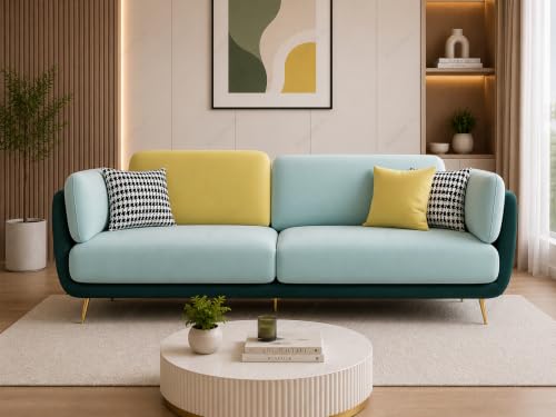 Image of Luxurious 3-Seater Sofa with Premium Velvet Finish - Dual Color, High-Density Foam, Solid Wood Frame, Sturdy Golden Legs, Modern Living Room Sofa (Light Turquoise & Green, 3 Seater)
