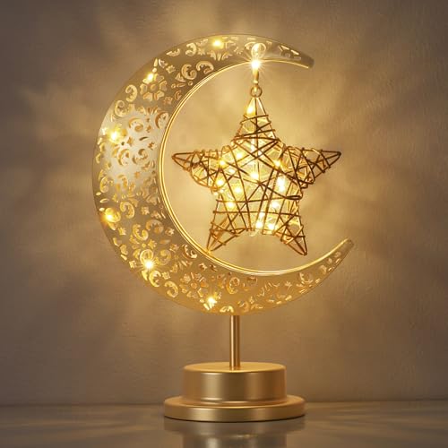 Luxpire - Lámpara de luna, luna creciente y decoración de Ramadán de estrella para el hogar, decoración de Eid Mubarak, luces de Ramadán, lámpara de mesa marroquí, regalo para fiesta, dormitorio, sala